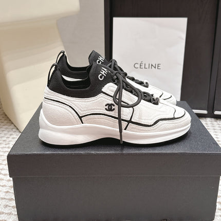 CHANEL 26S PLATFORM SNEAKERS 30 MM IN WHITE SUEDE WITH BLACK FABRIC