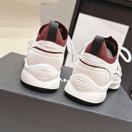 CHANEL 26S PLATFORM SNEAKERS 30 MM IN WHITE SUEDE WITH BURGUNDY FABRIC