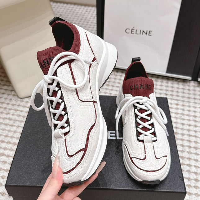 CHANEL 26S PLATFORM SNEAKERS 30 MM IN WHITE SUEDE WITH BURGUNDY FABRIC