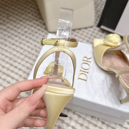 DIOR 26S ROSE HEELED SANDALS 90MM IN LIGHT YELLOW SATIN