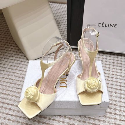 DIOR 26S ROSE HEELED SANDALS 90MM IN LIGHT YELLOW SATIN