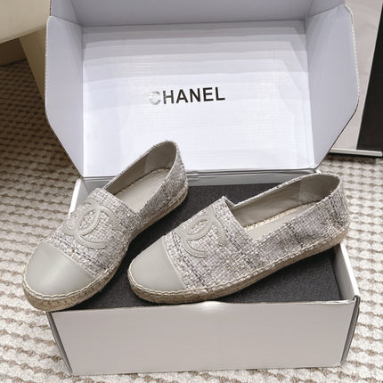 CHANEL 26S SLIP ONS IN GREY TWEED AND PATENT CALFSKIN