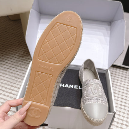 CHANEL 26S SLIP ONS IN GREY TWEED AND PATENT CALFSKIN