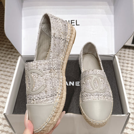 CHANEL 26S SLIP ONS IN GREY TWEED AND PATENT CALFSKIN