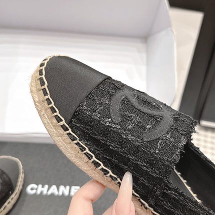 CHANEL 26S SLIP ONS IN BLACK TWEED AND PATENT CALFSKIN