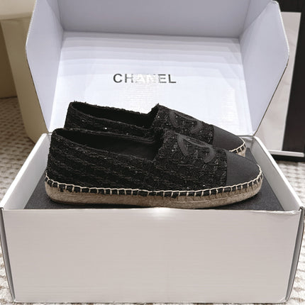 CHANEL 26S SLIP ONS IN BLACK TWEED AND PATENT CALFSKIN