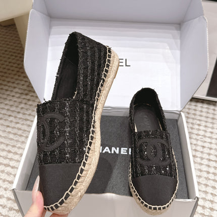 CHANEL 26S SLIP ONS IN BLACK TWEED AND PATENT CALFSKIN