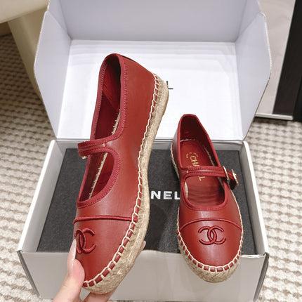 CHANEL 26S MARY JANE FLATS IN DARK RED LAMBSKIN ESPADRILLE SOLE