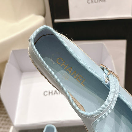 CHANEL 26S MARY JANE FLATS IN LIGHT BLUE LAMBSKIN ESPADRILLE SOLE