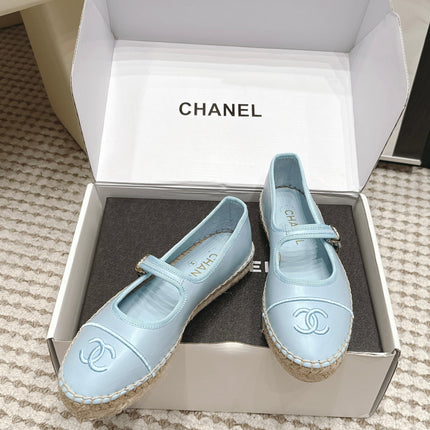 CHANEL 26S MARY JANE FLATS IN LIGHT BLUE LAMBSKIN ESPADRILLE SOLE