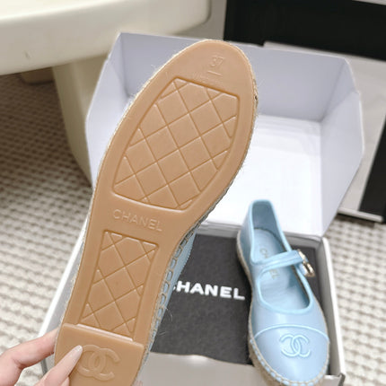 CHANEL 26S MARY JANE FLATS IN LIGHT BLUE LAMBSKIN ESPADRILLE SOLE