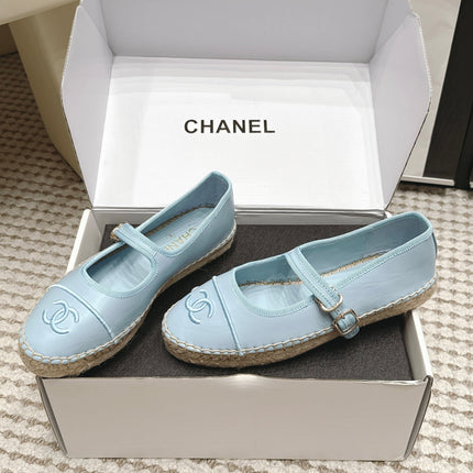 CHANEL 26S MARY JANE FLATS IN LIGHT BLUE LAMBSKIN ESPADRILLE SOLE