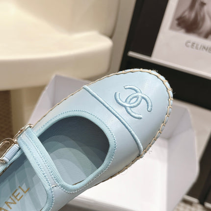 CHANEL 26S MARY JANE FLATS IN LIGHT BLUE LAMBSKIN ESPADRILLE SOLE