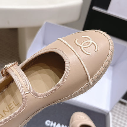 CHANEL 26S MARY JANE FLATS IN BEIGE LAMBSKIN ESPADRILLE SOLE