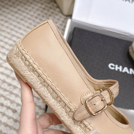CHANEL 26S MARY JANE FLATS IN BEIGE LAMBSKIN ESPADRILLE SOLE