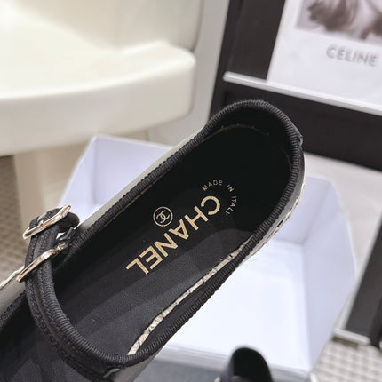 CHANEL 26S MARY JANE FLATS IN BLACK LAMBSKIN ESPADRILLE SOLE