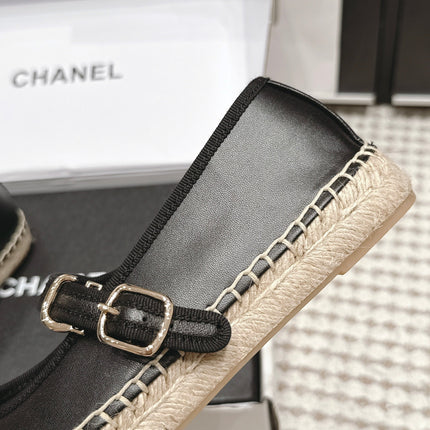 CHANEL 26S MARY JANE FLATS IN BLACK LAMBSKIN ESPADRILLE SOLE