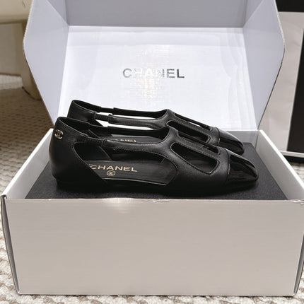 CHANEL 26S ROUND TOE MARY JANE FLATS IN BLACK CUTOUT CALFSKIN