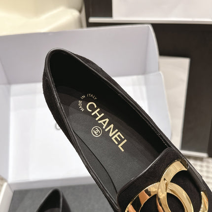 CHANEL 26S SQUARE TOE FLATS IN BLACK SUEDE WITH GOLD TONE CC LOGO