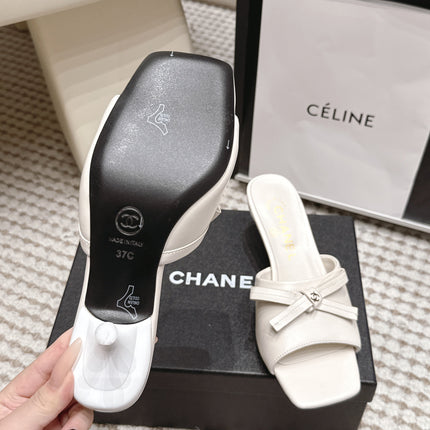 CHANEL 26S SQUARE TOE HIGH HEEL SANDALS IN OFF WHITE CALFSKIN