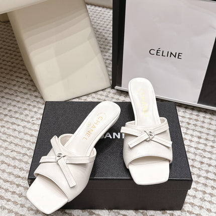 CHANEL 26S SQUARE TOE HIGH HEEL SANDALS IN OFF WHITE CALFSKIN