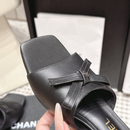 CHANEL 26S SQUARE TOE HIGH HEEL SANDALS IN BLACK CALFSKIN
