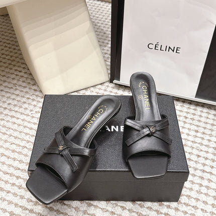 CHANEL 26S SQUARE TOE HIGH HEEL SANDALS IN BLACK CALFSKIN