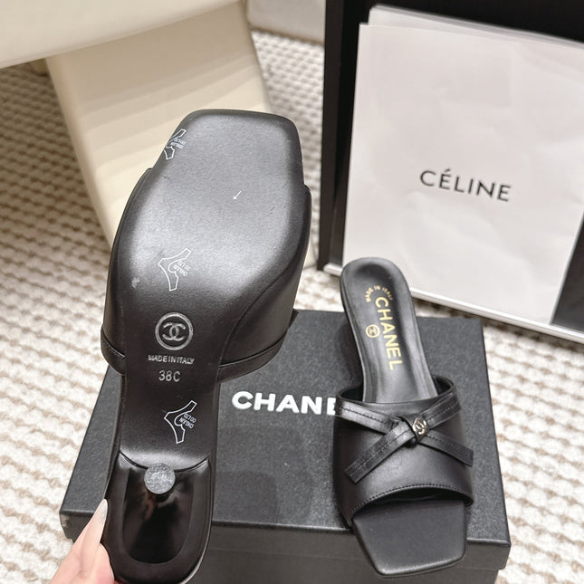 CHANEL 26S SQUARE TOE HIGH HEEL SANDALS IN BLACK CALFSKIN