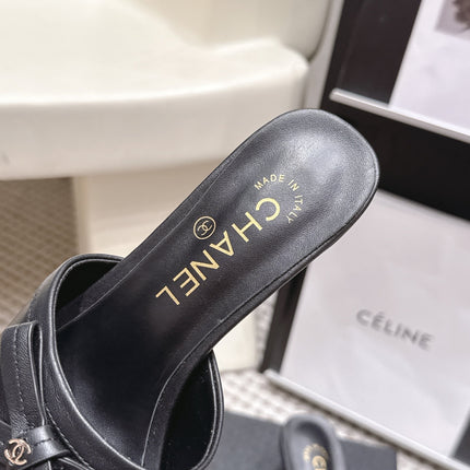 CHANEL 26S SQUARE TOE HIGH HEEL SANDALS IN BLACK CALFSKIN