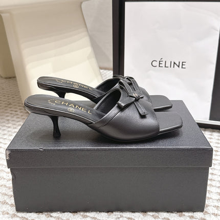 CHANEL 26S SQUARE TOE HIGH HEEL SANDALS IN BLACK CALFSKIN