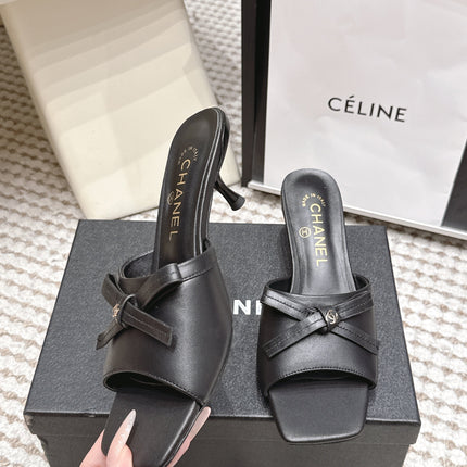 CHANEL 26S SQUARE TOE HIGH HEEL SANDALS IN BLACK CALFSKIN
