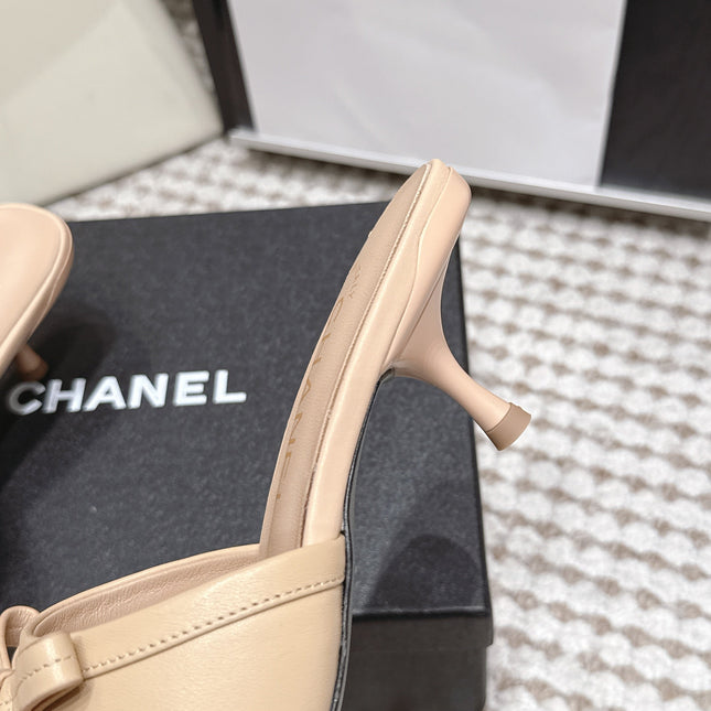 CHANEL 26S SQUARE TOE HIGH HEEL SANDALS IN BEIGE CALFSKIN