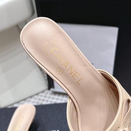 CHANEL 26S SQUARE TOE HIGH HEEL SANDALS IN BEIGE CALFSKIN
