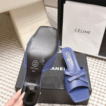CHANEL 26S SQUARE TOE HIGH HEEL SANDALS IN DARK BLUE CALFSKIN