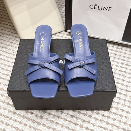 CHANEL 26S SQUARE TOE HIGH HEEL SANDALS IN DARK BLUE CALFSKIN