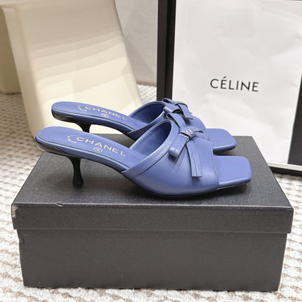 CHANEL 26S SQUARE TOE HIGH HEEL SANDALS IN DARK BLUE CALFSKIN