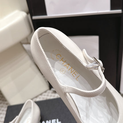 CHANEL 26S SQUARE TOE MARY JANE FLATS IN OFF WHITE CALFSKIN