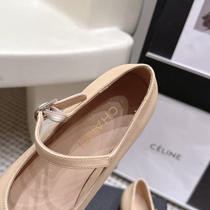 CHANEL 26S SQUARE TOE MARY JANE FLATS IN BEIGE CALFSKIN