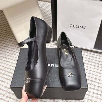 CHANEL 26S SQUARE TOE MARY JANE FLATS IN BLACK CALFSKIN