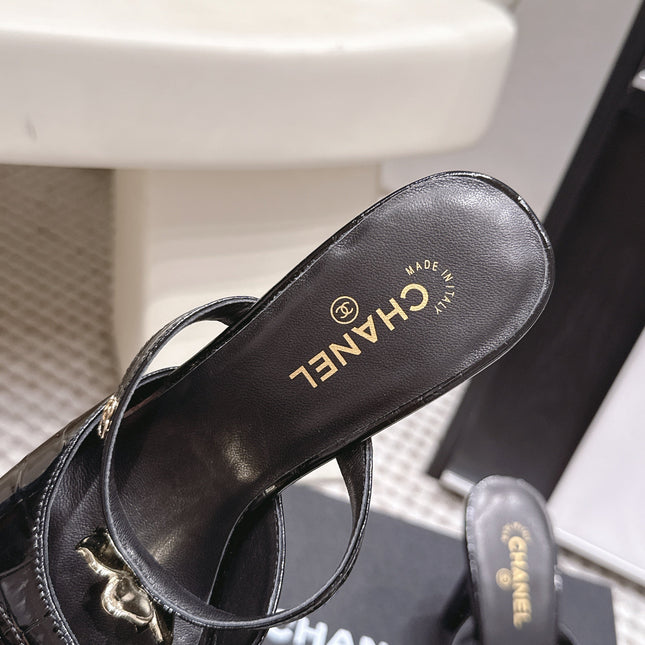 CHANEL 26S SQUARE TOE HIGH HEEL SANDALS 50 MM IN BLACK CALFSKIN