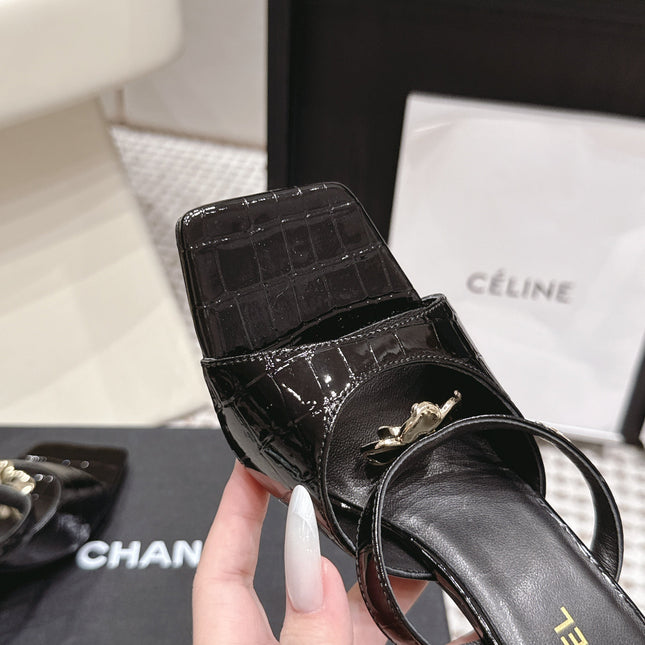 CHANEL 26S SQUARE TOE HIGH HEEL SANDALS 50 MM IN BLACK CALFSKIN