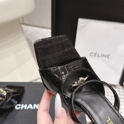 CHANEL 26S SQUARE TOE HIGH HEEL SANDALS 50 MM IN BLACK CALFSKIN