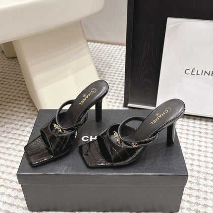 CHANEL 26S SQUARE TOE HIGH HEEL SANDALS 50 MM IN BLACK CALFSKIN