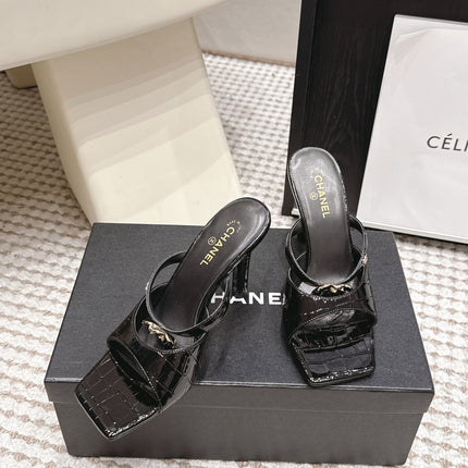 CHANEL 26S SQUARE TOE HIGH HEEL SANDALS 50 MM IN BLACK CALFSKIN