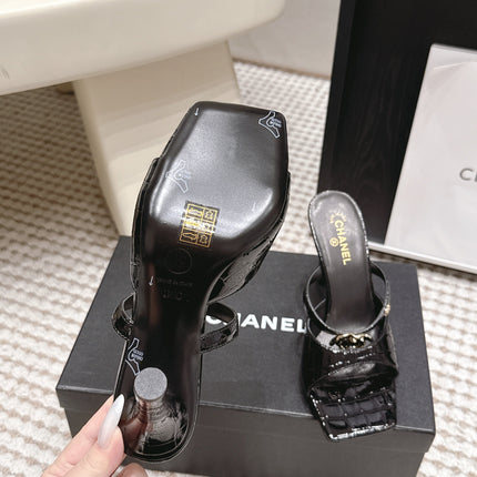 CHANEL 26S SQUARE TOE HIGH HEEL SANDALS 50 MM IN BLACK CALFSKIN