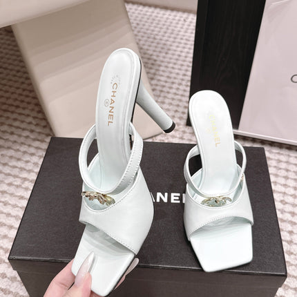 CHANEL 26S SQUARE TOE HIGH HEEL SANDALS 50 MM IN LIGHT BLUE CALFSKIN
