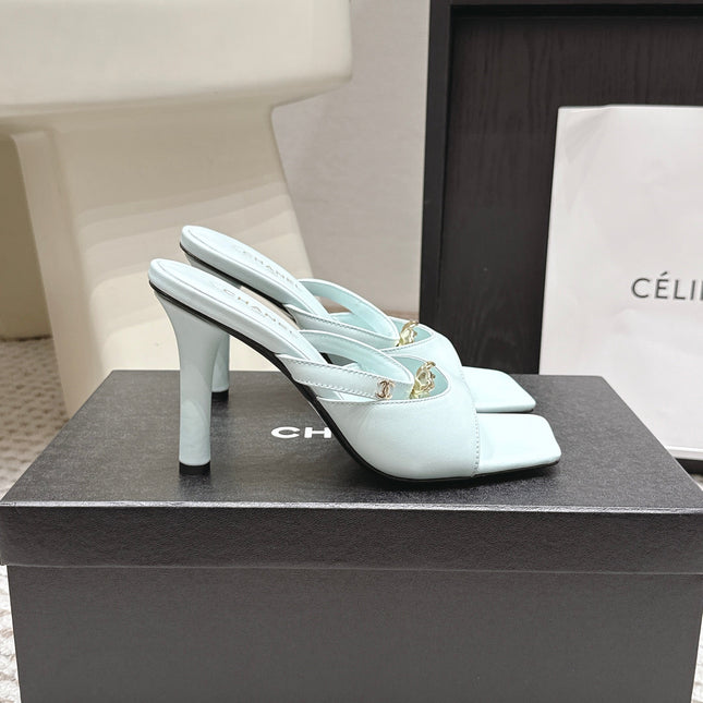 CHANEL 26S SQUARE TOE HIGH HEEL SANDALS 50 MM IN LIGHT BLUE CALFSKIN
