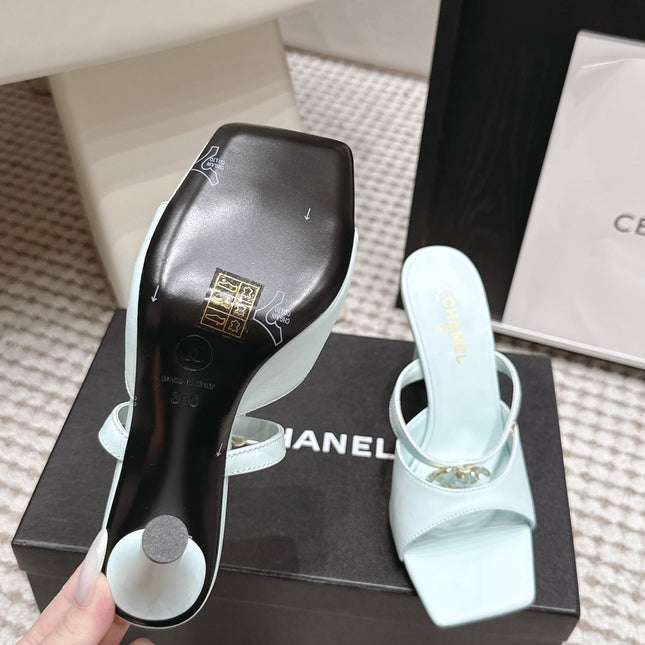 CHANEL 26S SQUARE TOE HIGH HEEL SANDALS 50 MM IN LIGHT BLUE CALFSKIN