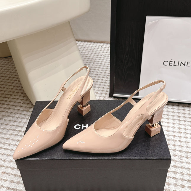 CHANEL 26S HIGH HEEL SLINGBACKS 80 MM IN BEIGE PATENT