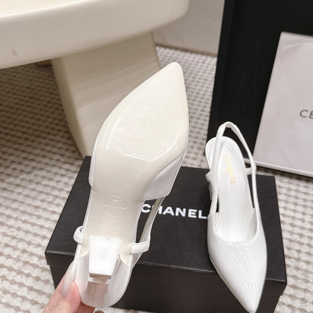 CHANEL 26S HIGH HEEL SLINGBACKS 80 MM IN WHITE PATENT